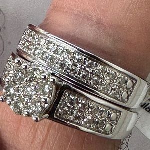 Trio set 1.00 cttw diamond white gold mens and womans set, real 10kt white gold.